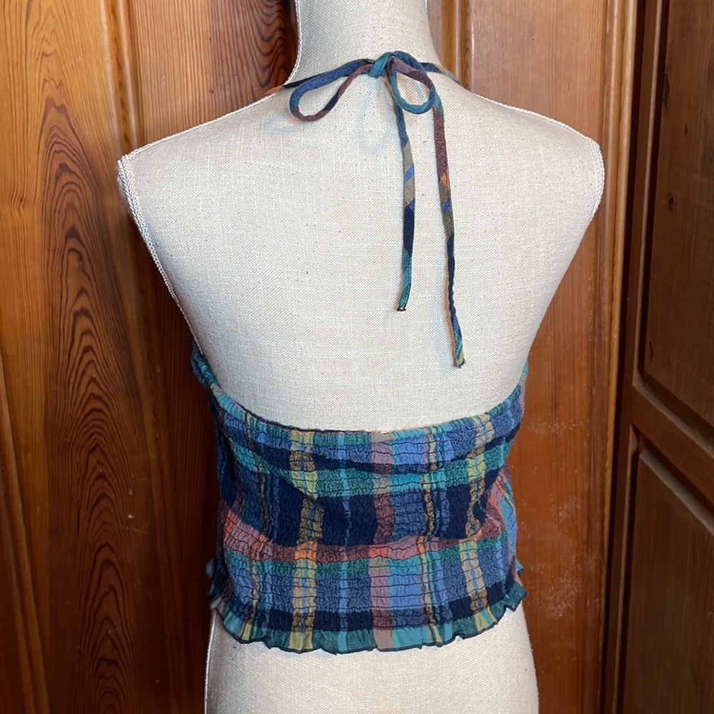 American Eagle Outfitters Blue & Pink Plaid Crop Halter Top - Picture 4 of 8